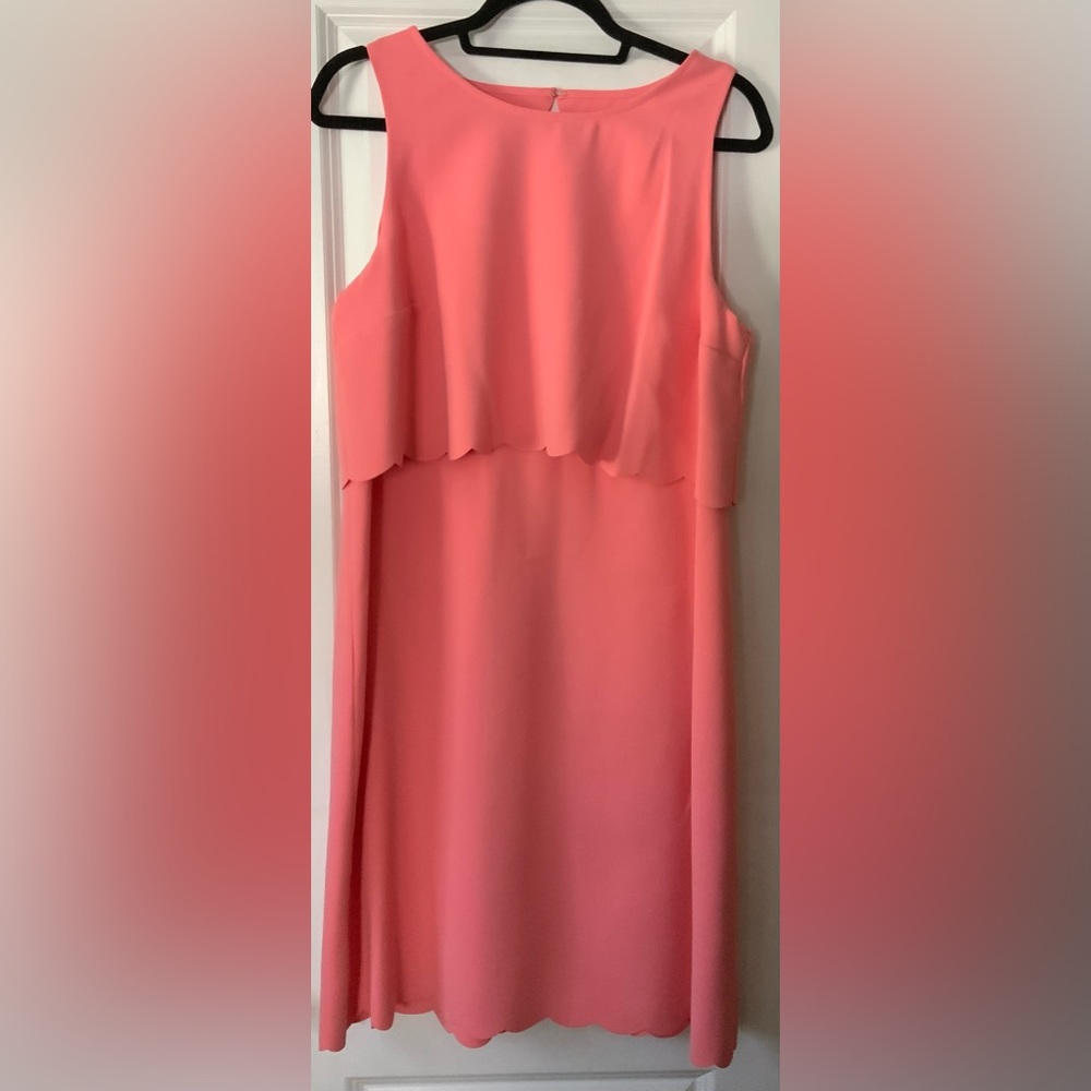 Peachy pink mini sheath dress with scalloped trim